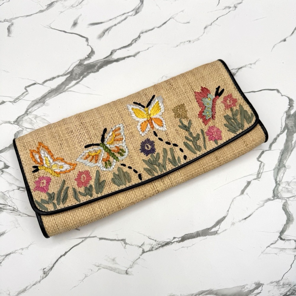 Vintage Straw Clutch Purse Lord & Taylor Boho Kitsch Butterflies Floral Lined